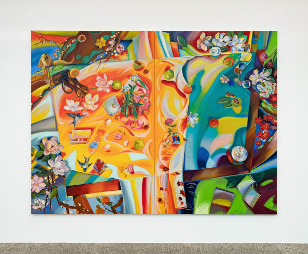Diptych: Rocaille Describing a Sphere_Pendulum Turning a Cone, 2022, oil on canvas, 194 x 130 cm each, 2 pieces
