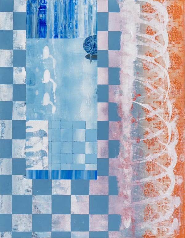 Noitcelfer, 2022, acrylic, ink on canvas, 116.8 x 91 cm
