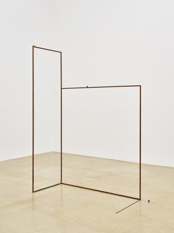 Line Sculpture #24_ First Echo, 2022, wood, marble, metal rod, string, brass, nail, 168.8 x 120 x 50 cm