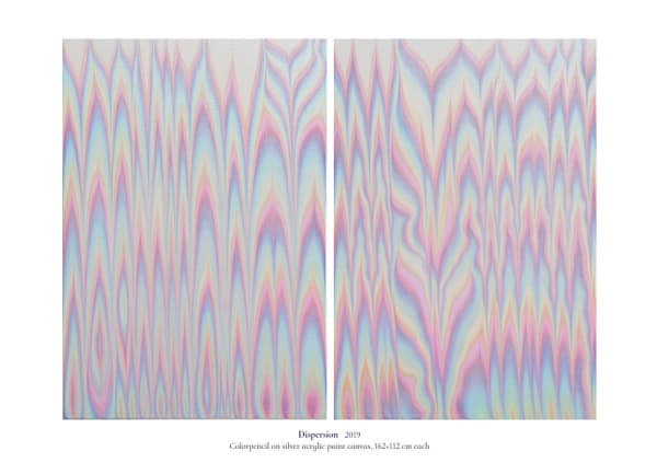 Dispersion, 2019, colorpencil on silver acrylic paint canvas, 162 x 112 cm each, 2 pieces