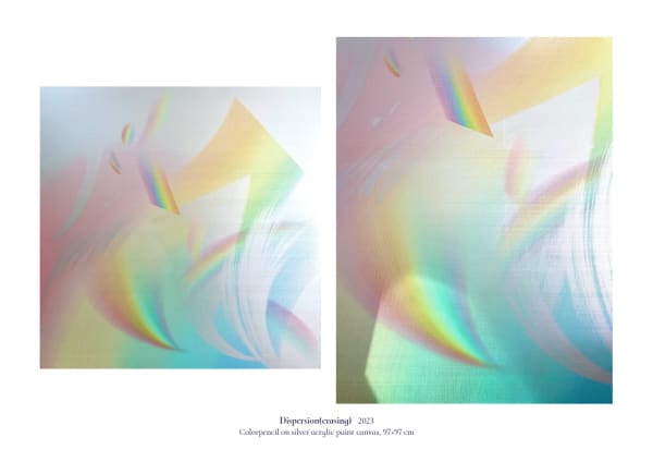 Dispersion(erasing), 2023, colorpencil on silver acrylic paint canvas, 97 x 97 cm