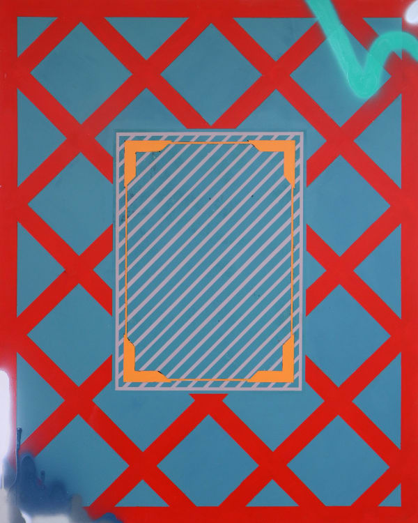 Vermilion Grid, 2016, acrylic, spray on canvas, 162.2 x 130.3 cm