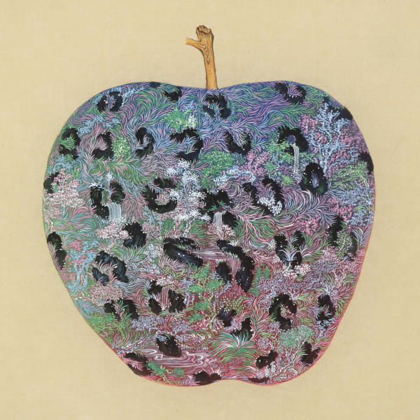 Apple Universe 1, 2022, natural pigment on silk, Gold leaf, 40 x 40 cm