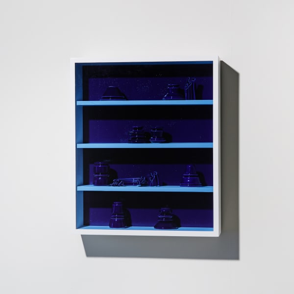 Cupboard 2021-#1, 2021, ceramics, wood, iron, figured glass, 62.5 x 52.5 x 12.5 cm