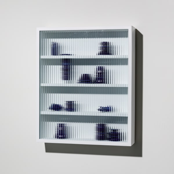 Cupboard 2021-#2, ceramics, wood, iron, figured glass, 62.5 x 52.5 x 12.5 cm