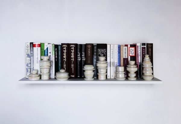 Cupboard 2024-#2, 2024, ceramics, hard wood, books, dimension variable