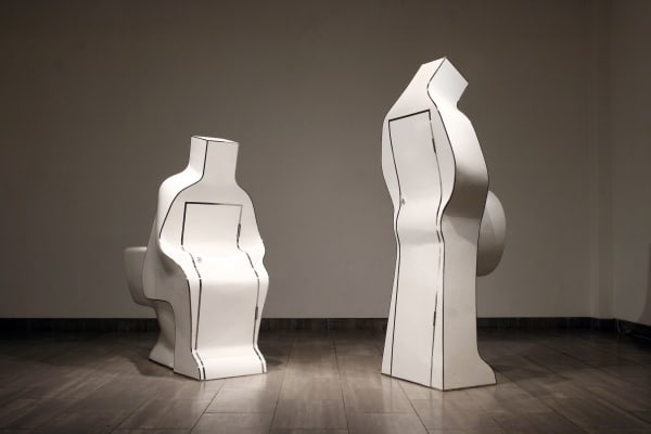 Single #1, #2 (from right), 2010, plaster, stainless, paint, 80 x 75 x 183 cm, 90 x 110 x 150 cm
