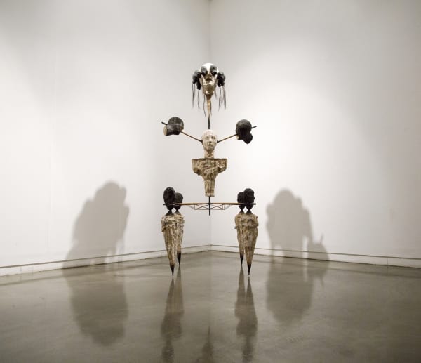 Familiar Conflict, 2016, resin, acrylic color, steel, wig, 110 x 100 x 230 cm