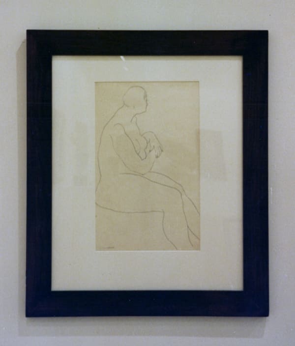 Line drawing of a nude woman twisted and facing away from the viewer