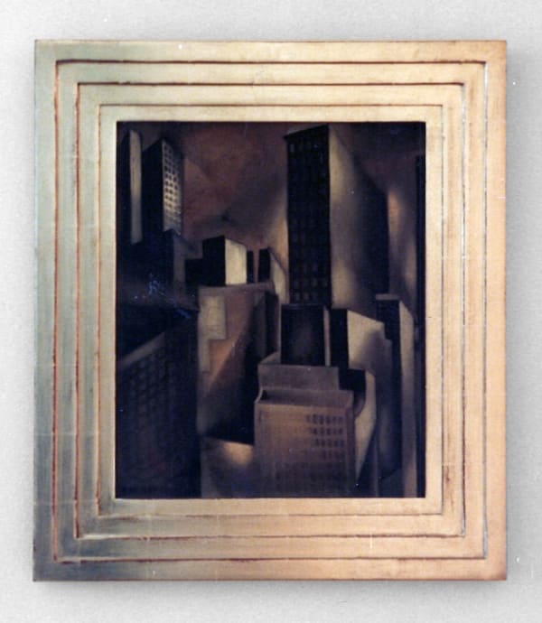 Cubist painting of an abstracted New York cityscape with greys, browns, and blacks