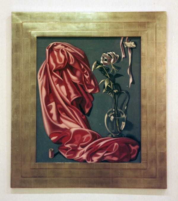 Still life painting of a red drape with flowers