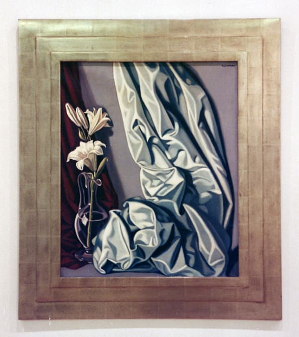 Still life painting of a grey drape with white lilies