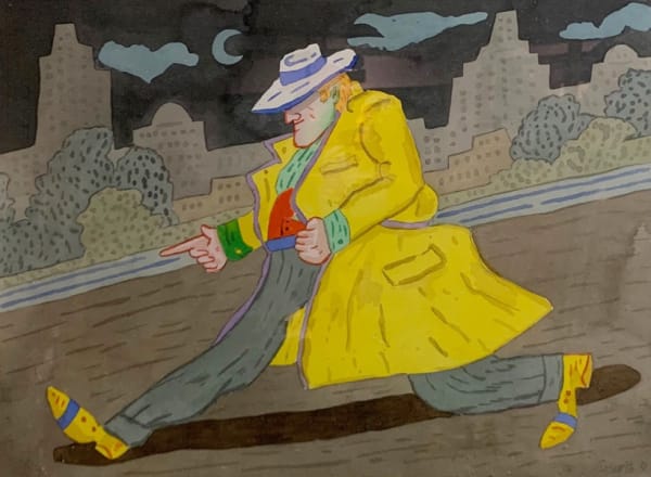 Drawing of figures in an urban setting on a dark background