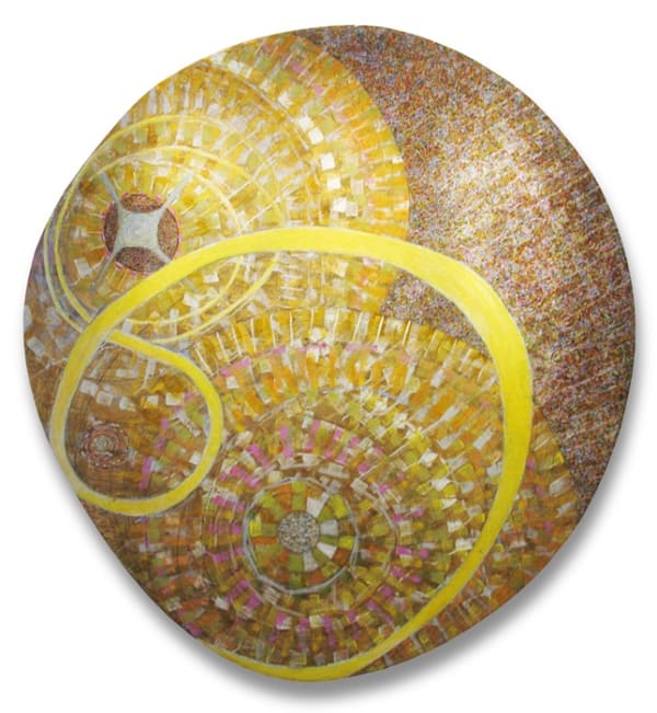 abstract expressionist painting consisting of small circles on a round, hand-made canvas