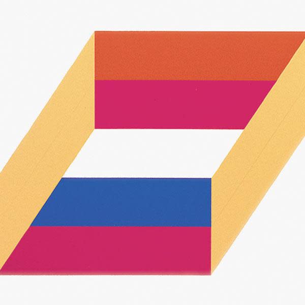 Yellow, pink, orange, and blue geometric print on white paper