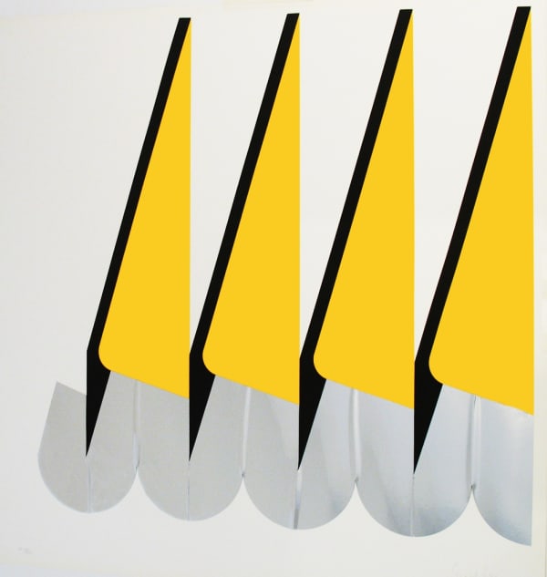 Yellow, black, and grey print on white background