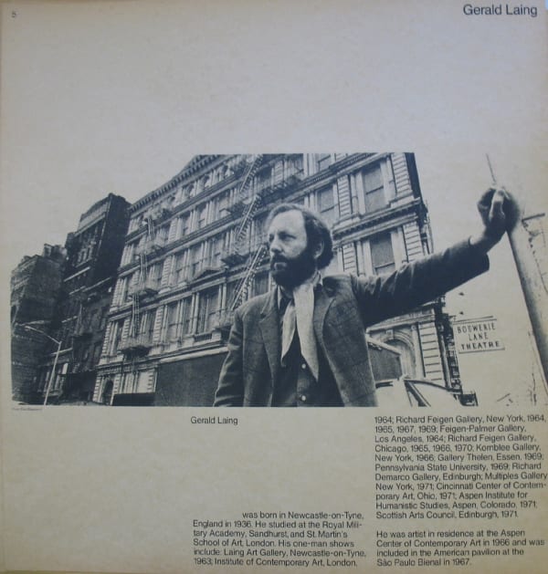 Black and white photograph of Gerald Laing on the Bowery, text underneath