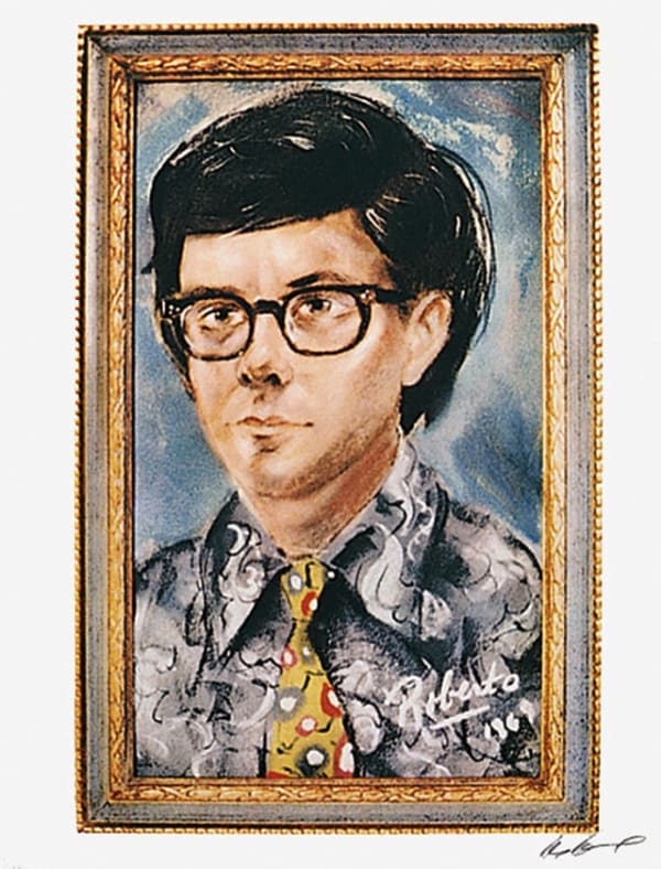 Silkscreen print of a man with glasses in front of a framed, blue background