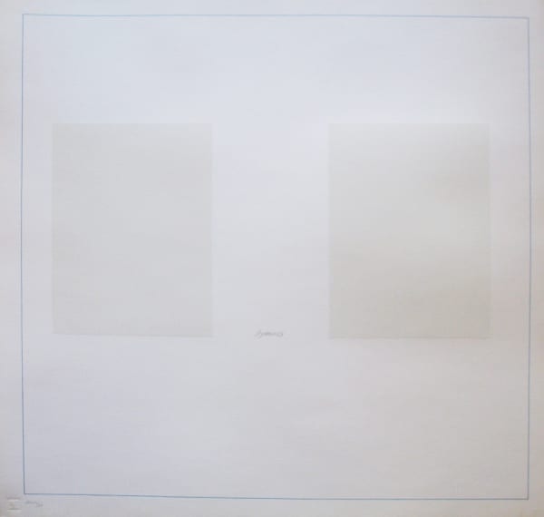 Two off white rectangles printed on a white background, framed in blue line