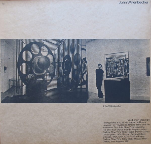 Black and white photograph of John Willenbecher in his studio with text underneath