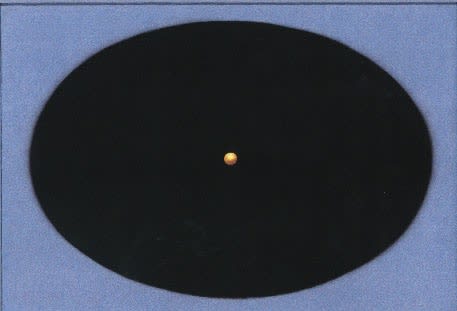 Painting of a yellow circle within a black oval on a blue background