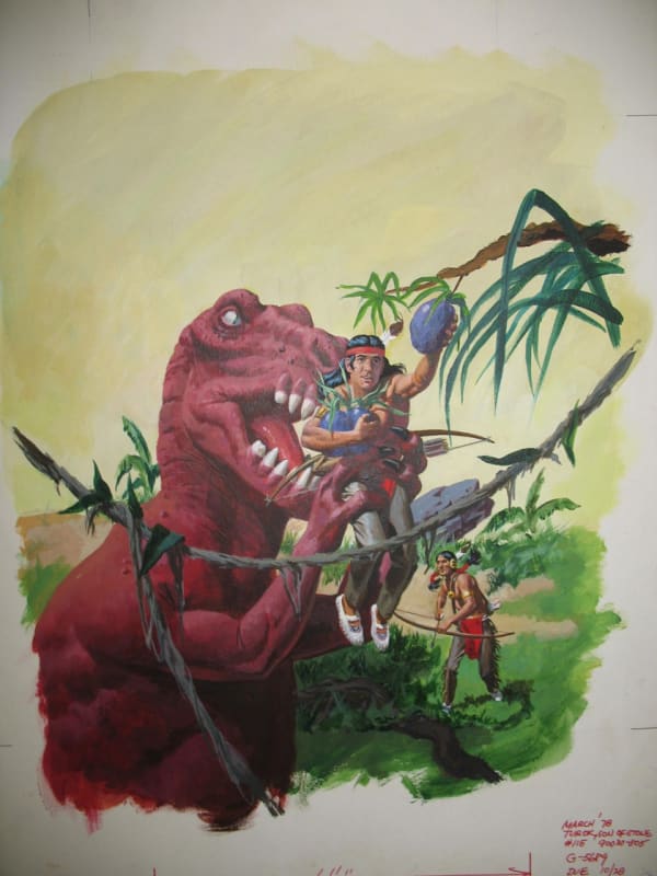 Watercolor painting of Turok being grabbed by a red dinosaur