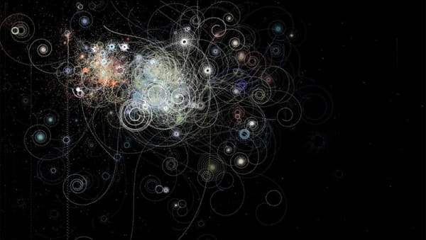 Animation still depicting abstract spirals on a black background