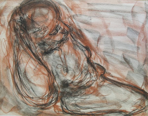 Black and orange figural drawing on paper