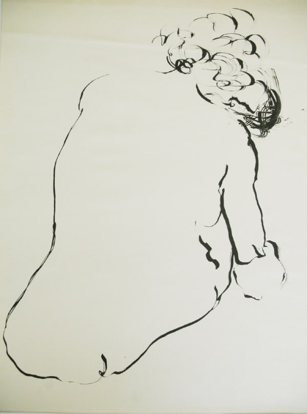 Ink drawing of the back of a figure on a white background