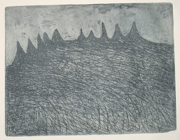 grayscale etching of landscape silhouette
