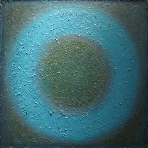 Abstract painting of a red circle on a yellow canvas