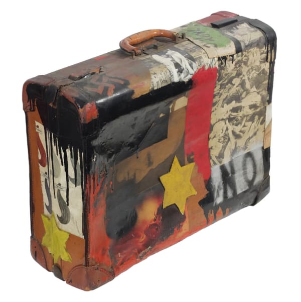 A sculpture comprising a mid-20th century suitcase with paint and collaged materials on its surface