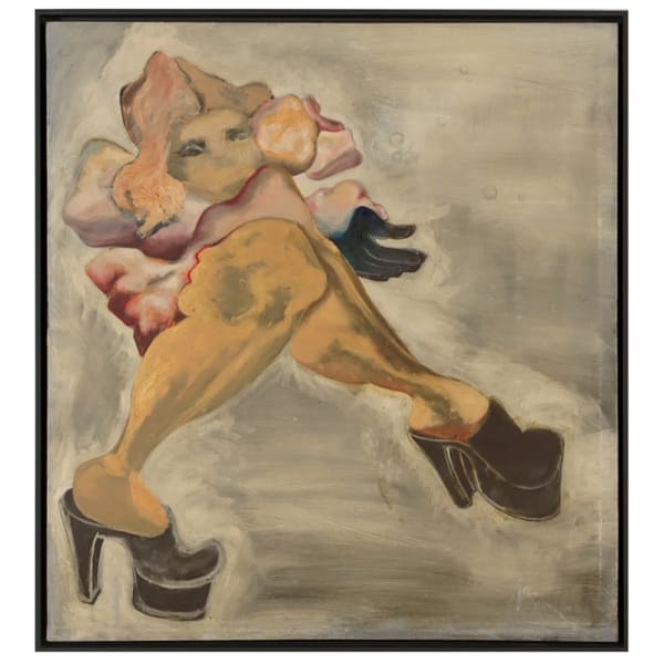 A painting of an abstracted female figure with exaggerated fleshy limbs and high heeled shoes.