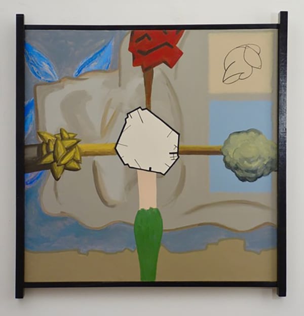 Four various colored shapes come together with four lines around a central white shape against a colored background in an asymmetric structured frame