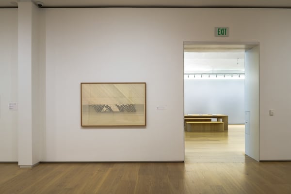Installation view of Will Insley's drawing hanging in a light wood frame in the Menil Drawing Institute