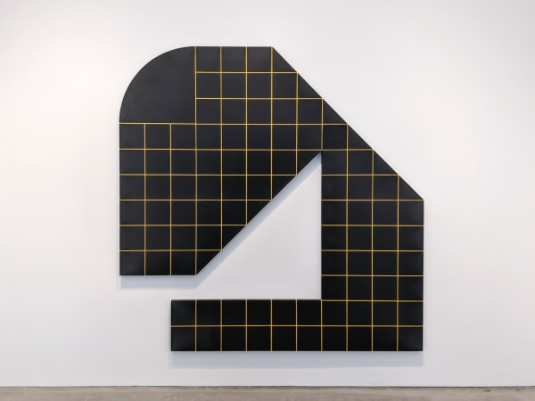 Large tridimensional painting on masonite of irregular shape, black with yellow grid