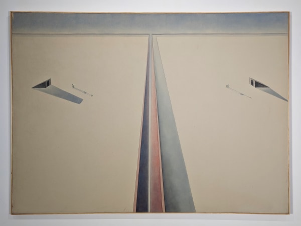 Gerhardt Liebmann, Two Roofs Two Chairs (1977), acrylic on canvas, 48 x 60 inches | 121.9 x 152.4 cm.