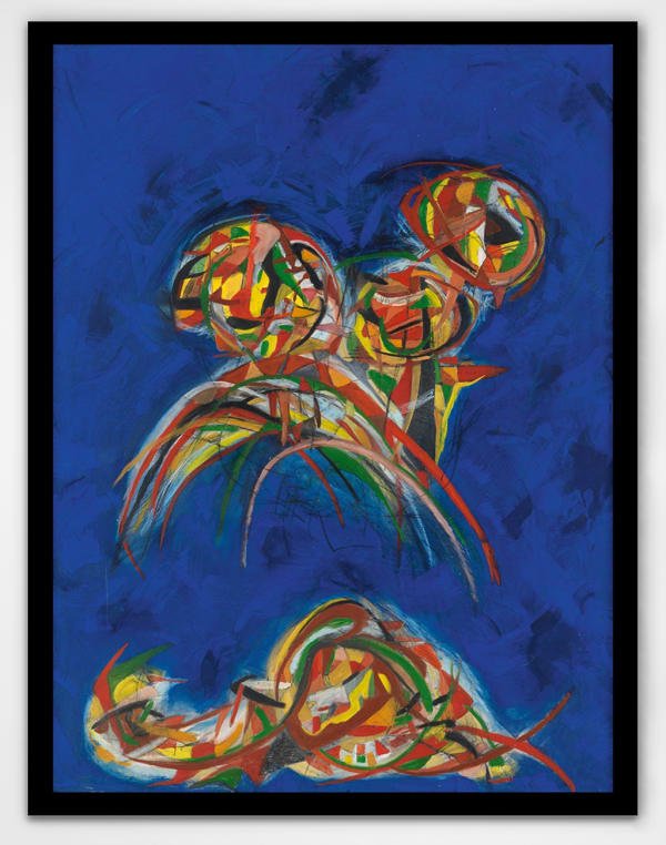 Colorful abstract expressionist painting with a vibrant Pan-African color palette in a black frame on a white wall.