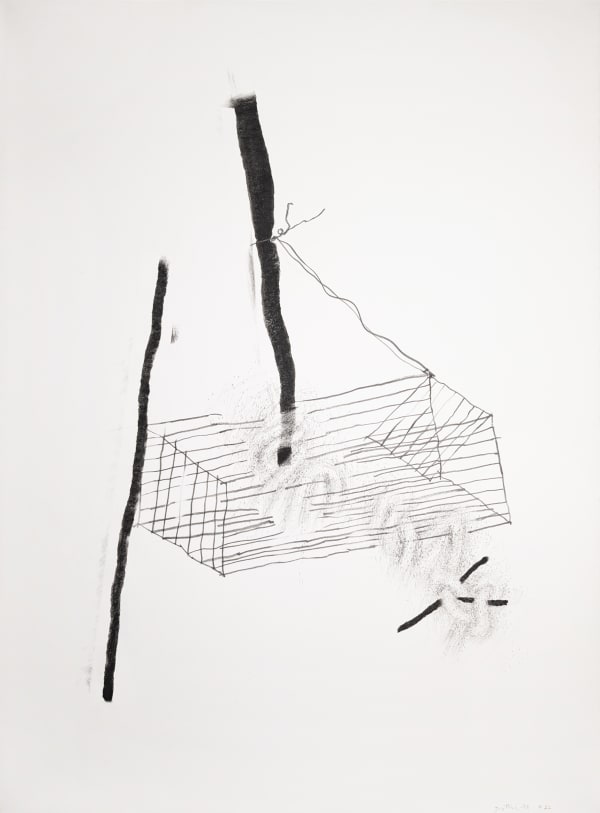 Abstract graphite and charcoal drawing of an arrangement of sticks and knotted ropes