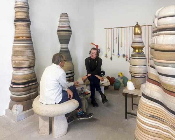 Sculptor Don Porcaro with Journalist Liam Otero during a studio visit, 2025