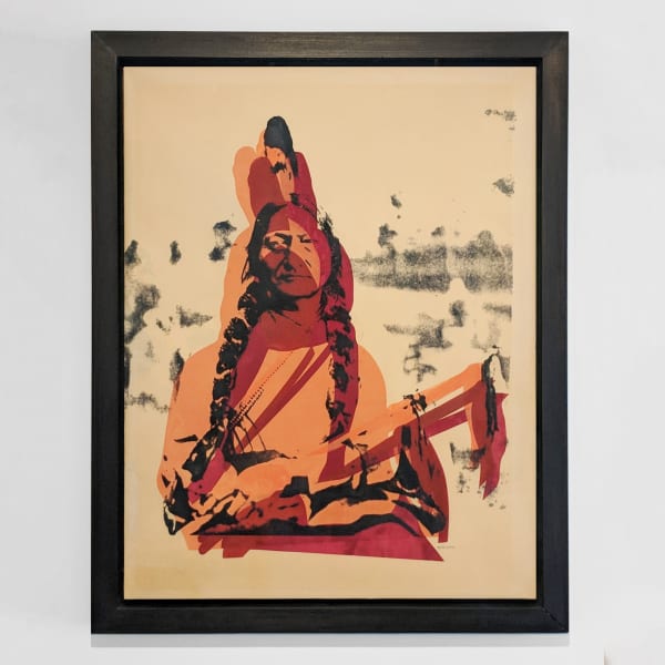 Framed screenprint by Andy Warhol in high saturation of Sitting Bull on tan newsprint mounted on linen