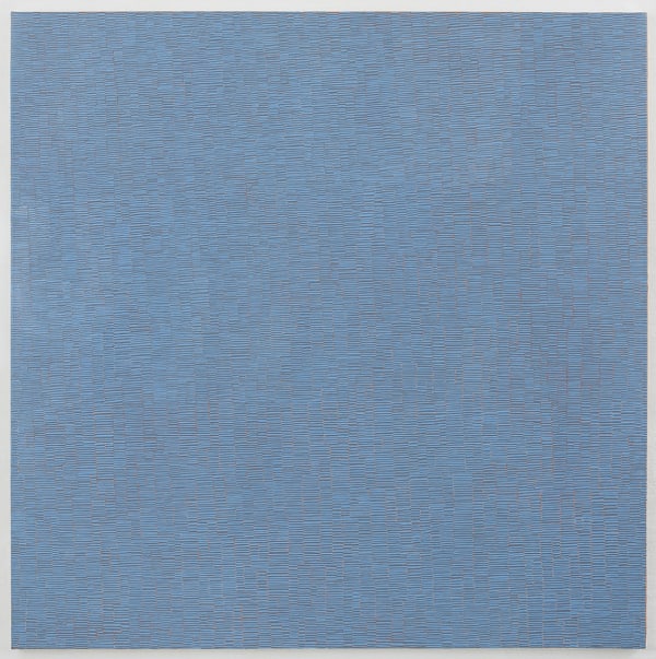 Minimalist oil painting of two close contrast blue and grey pigments applied in small horizontal marks across the entire canvas