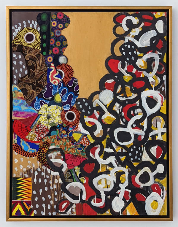 Oil and fabric on canvas painting of multicolor scribbled shapes covering most of a gold background