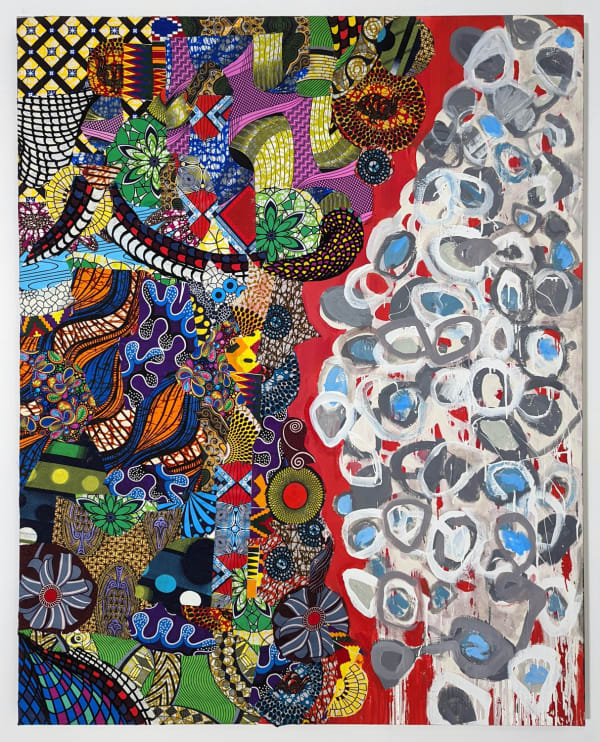 Oil and fabric on canvas painting with interlocking beige circular scribbles on the right and rainbow organic and geometric patterns on the left over a red, dividing background