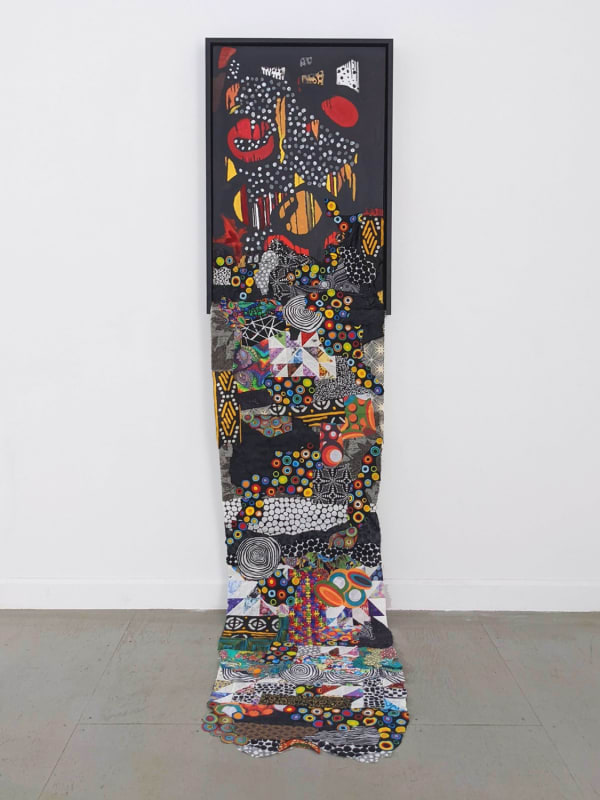 Rectangular oil and fabric on canvas painting with a dark grey background behind a vertically cascading assortment of spotted, multi-color fabrics that extend beyond the end of the canvas.