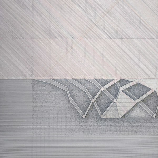 Architectural drawing in colored inks of a building seen in section, aboveground and underground