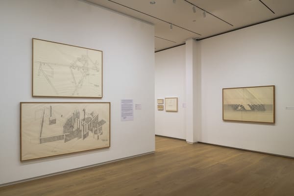 Installation view of Will Insley's drawing hanging in a light wood frame with other drawings in the Menil Drawing Institute