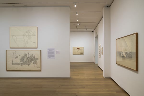 Installation view of Will Insley's drawing hanging in a light wood frame with other drawings in the Menil Drawing Institute