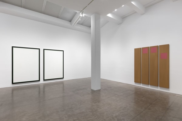 Installation view of Paula Cooper Gallery with large abstract conceptual artworks