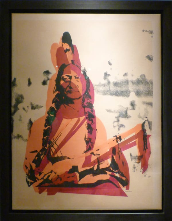 Silkscreen by Andy Warhol, the iconic portrait of Sitting Bull, in orange, black and red